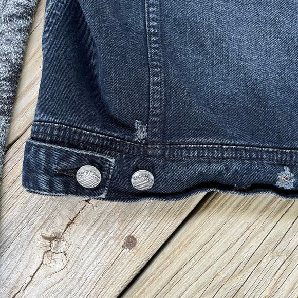 Free People Black Denim Trucker Jacket Hooded Distressed Knit Sleeves Size S - Picture 9 of 12